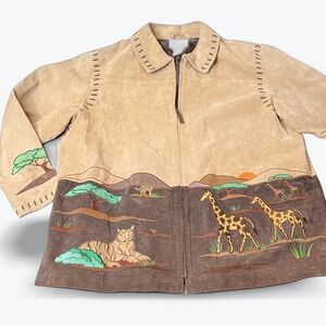 The Quacker Factory Suede Safari Scene Jacket Women's‎ 1X Embroidered Animals